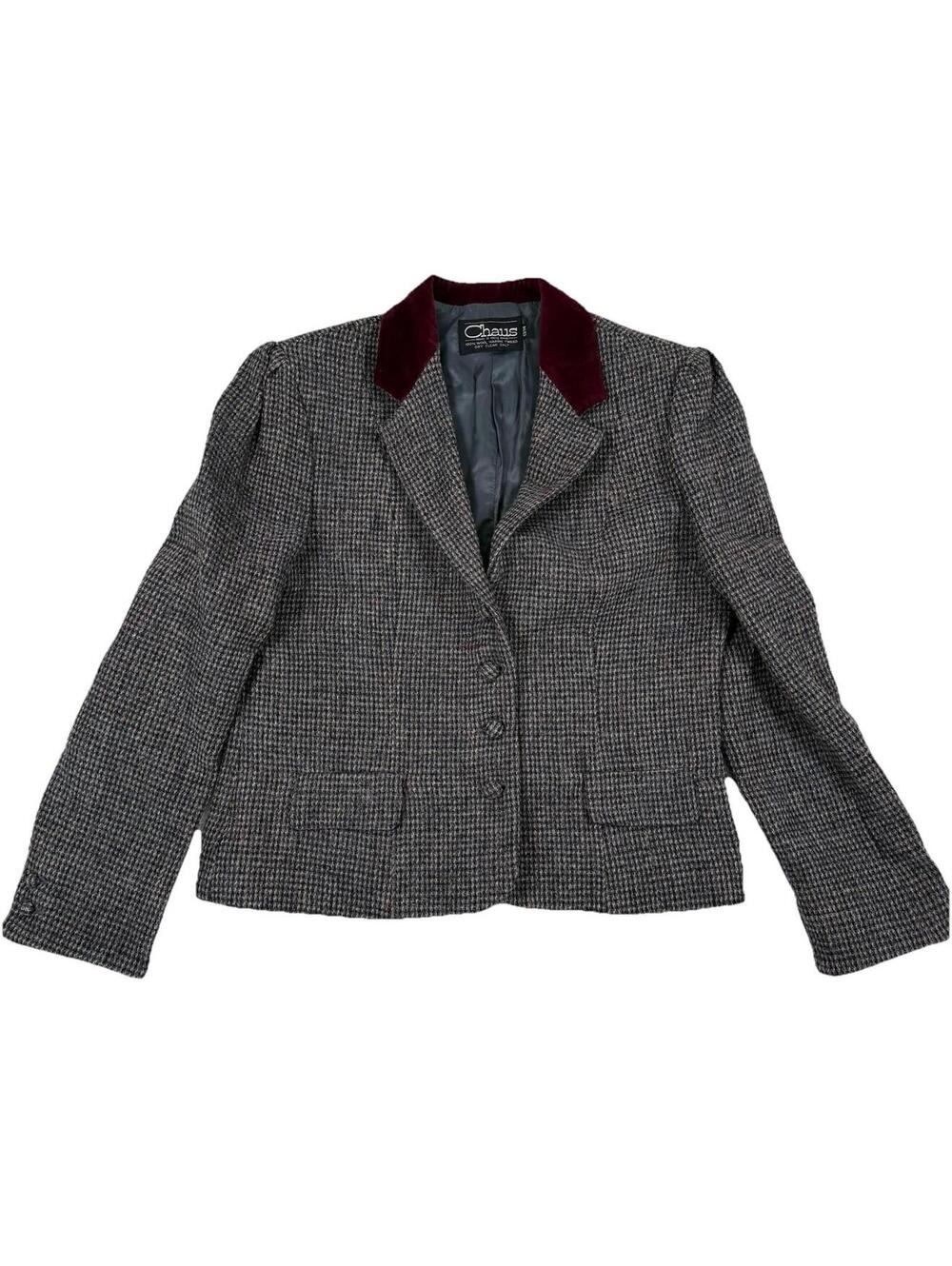 Chaus 100% Harris Tweed Wool Blazer 14 Gray Houndstooth Velvet Collar Jacket